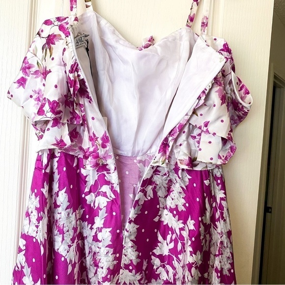AMUR Dress Off-The-Shoulder Popover Waist Floral Silk Flowy Midi Magenta 4 NWT - Picture 7 of 7
